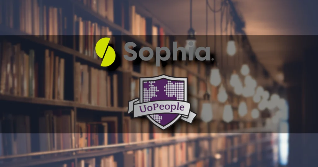 The logos of Sophia Learning and UoPeople with a Library Background